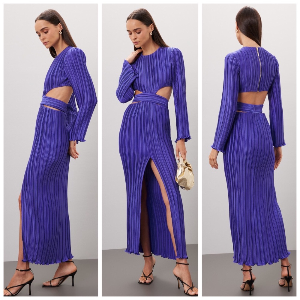 Purple Ribbed Maxi Dress with Bishop Sleeves and Crew Neck